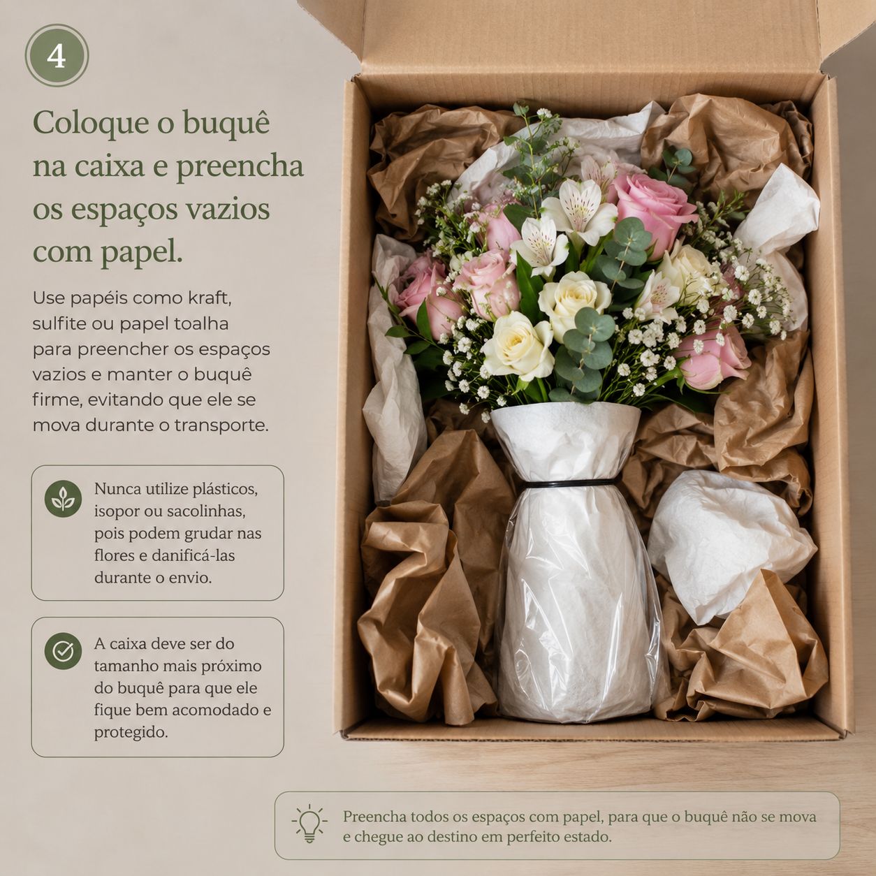 Orientações para embalar o buquê na caixa